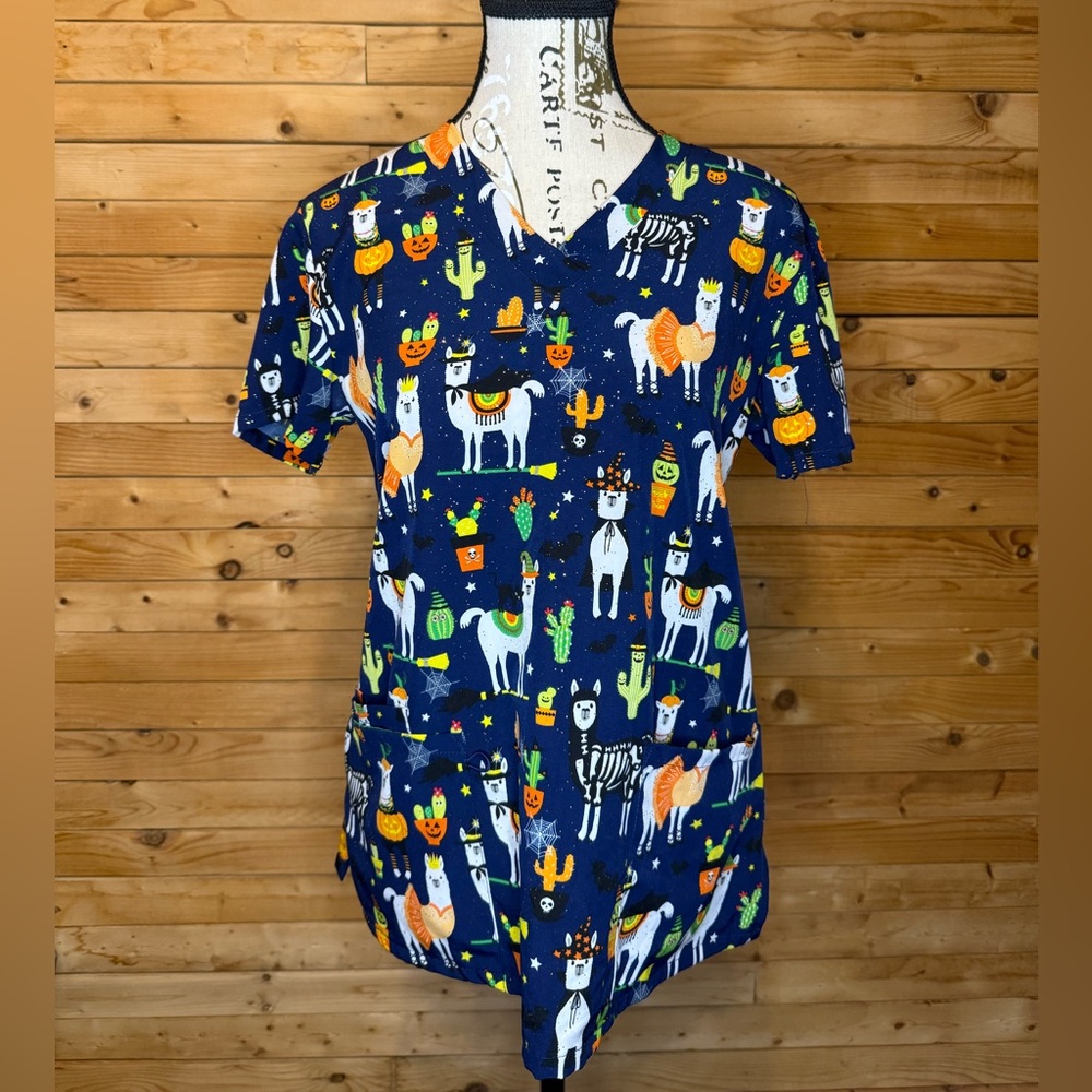 Halloween Llama Print Scrub Top
